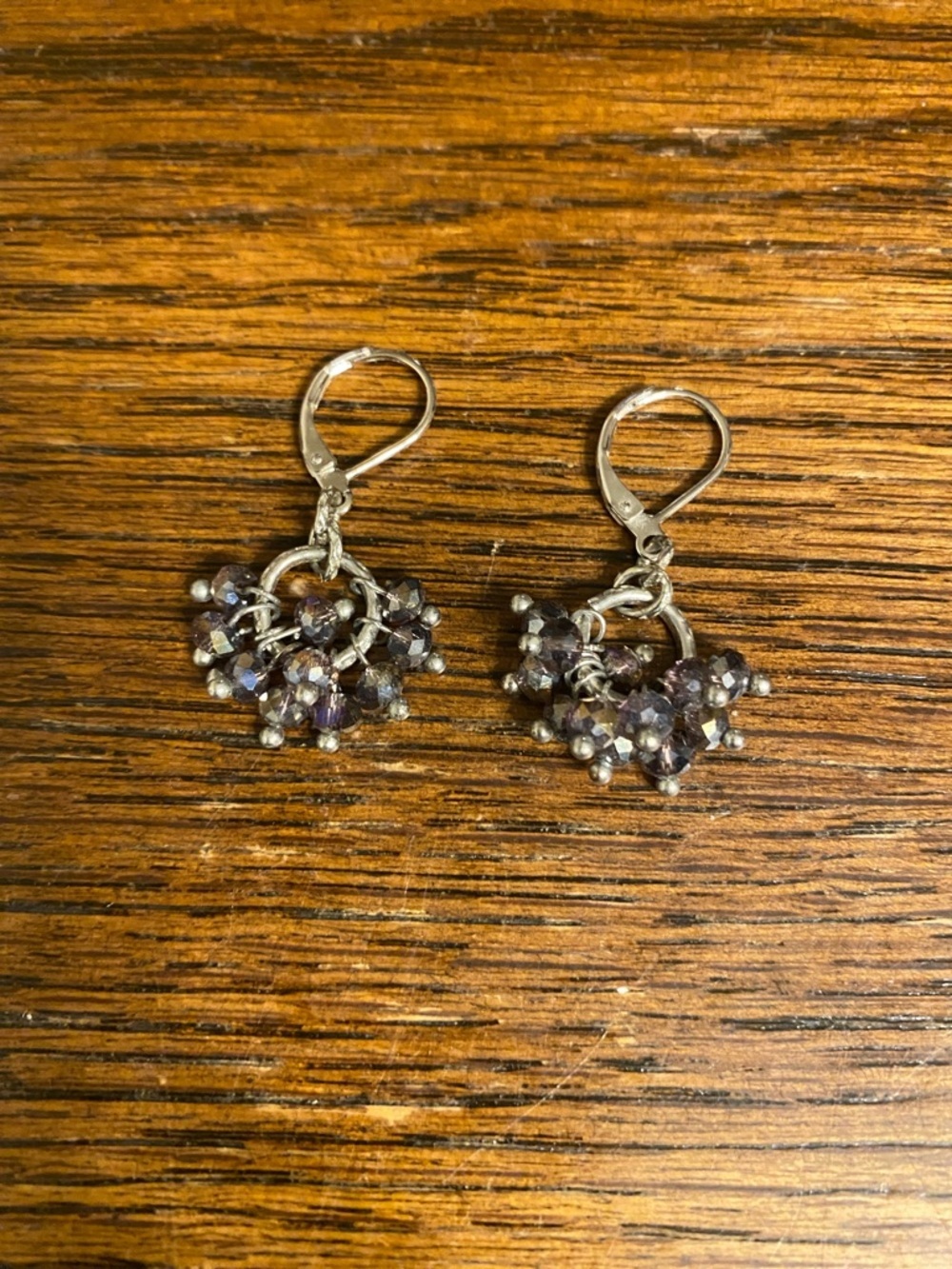 Handmade Silver Hoop Cluster Earrings Purple Glass Beads New with Tags